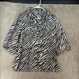 Shes Cool Blouse Womens Medium Zebra Print Silky Shiny Ruffle Neck 3/4 Sleeve